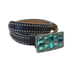 Justin Boot Black Leather Belt with Silver Studs & Teal Rhinestones - Size 36